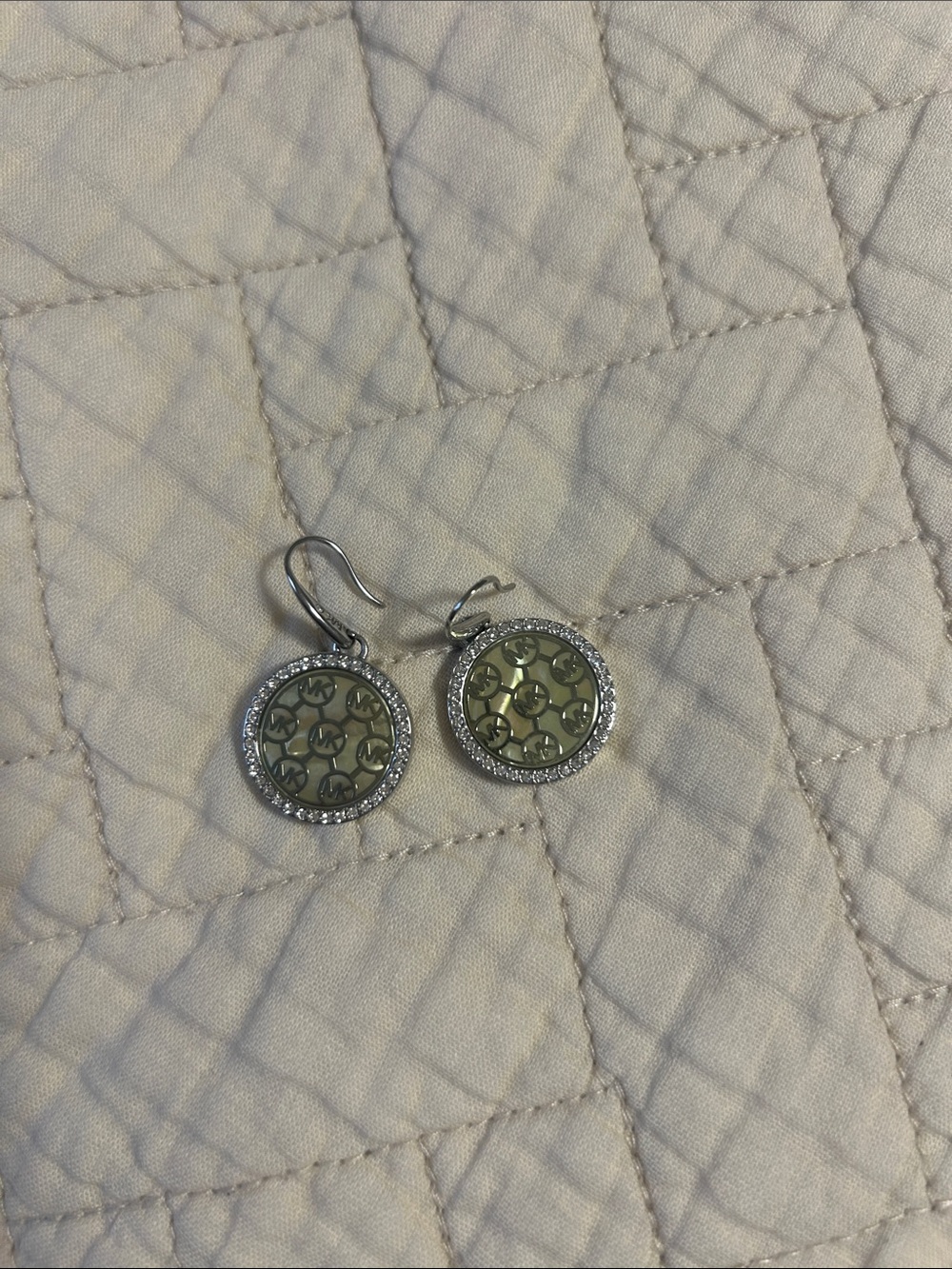 Michael Kors Silver-Tone MK Logo Drop Earrings with Crystal Rim